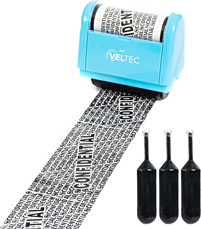 Veltec ID Protector Ink Roller - Identity Theft Protection Roller Stamp Set (Blue, Stamp+3 Refills) - Image 2